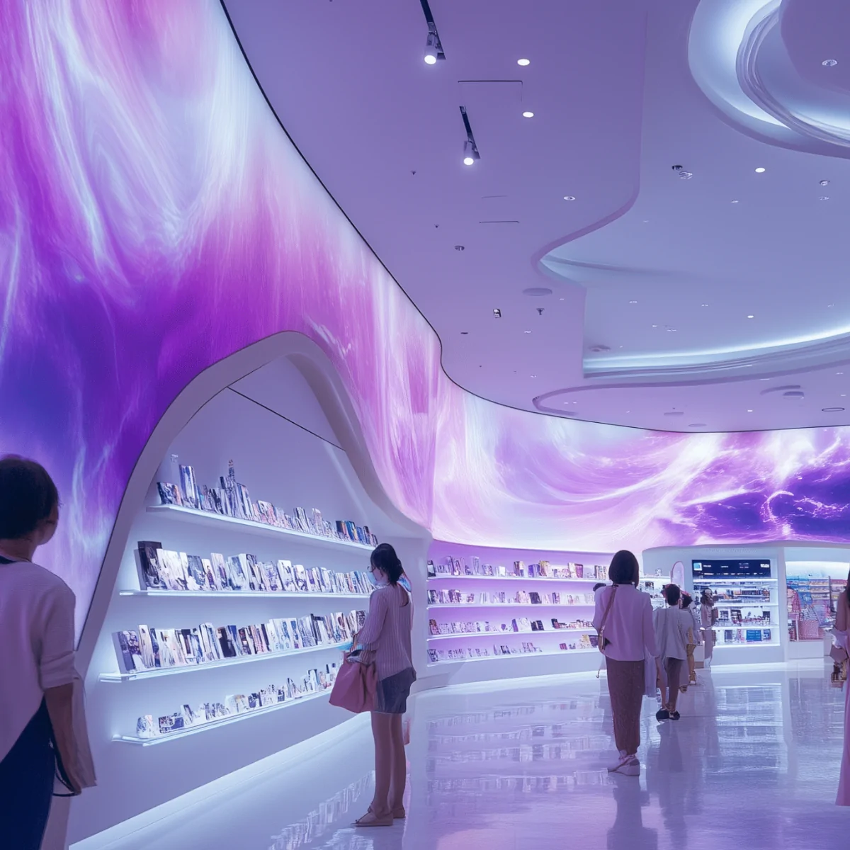 An immersive retail environment with curved LED walls glowing in shades of purple and pink, creating a futuristic ambiance. Shoppers browse illuminated shelving displays as the LED visuals wrap around the ceiling and walls.